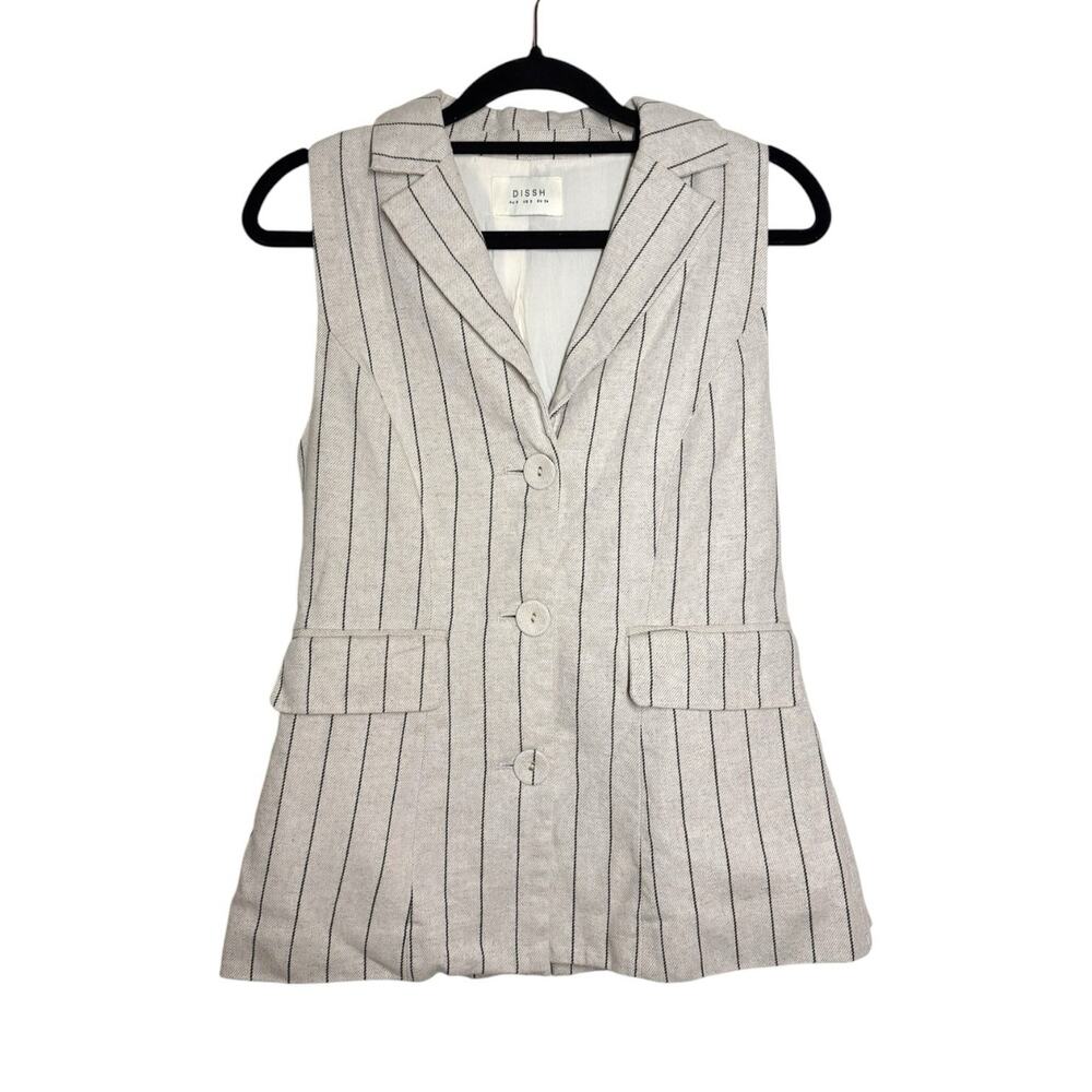 Dissh Beige Natural Pinstripe Minimalist Cotton Linen Murphy Vest - 2